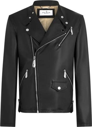 Philipp Plein Jassen, Heren, Zwart, 3Xl, Leer, Leren Moto Jas