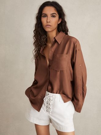 Reiss Brown Silk Button Sleeve Shirt, 8