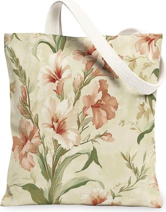 Generic Spring Gladiolus Flower Canvas Tote Bag for Shopping 13x15, Vintage Wildflower Florals Reusable Grocery Print Bag for Women, Aesthetic Beach Aesthetic