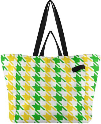 Generic Houndstooth Yellow White print Reusable Canvas Tote Bag, Heavy Duty Grocery Shopping Bag with Hard Bottom Double Handles Large Capacity Work Groceries