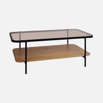 Sweeek Mesa De Centro Vintage De Metal Negro Con Tapa De Cristal Y Decoraci&oacute;n De Madera