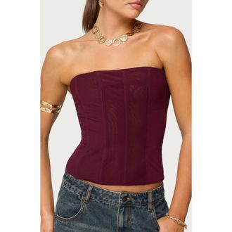 Edikted Reed Strapless Mesh Corset Top in Wine at Nordstrom, Size X-Small