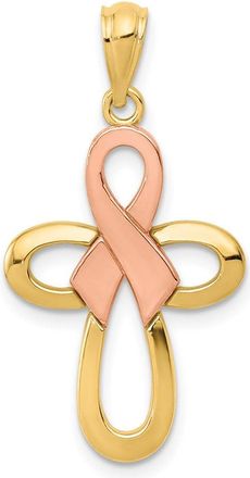 Diamond2Deal 14k Two-tone Gold Polished Pink Ribbon Cross Pendant