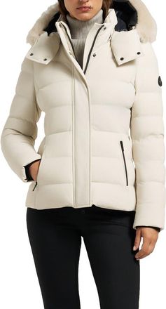 Moose Knuckles Betta Shearling Trim 800 Fill Power Down Water Repellent Jacket in Alabaster at Nordstrom, Size X-Large