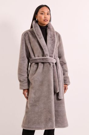 Principles Womens Faux Fur Long Coat - Grey - Size Medium