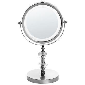 Beliani Espejo De Maquillaje Iluminaci&oacute;n Led Metal Plateado &Oslash; 20 Cm Doble Cara Magnifica Laon