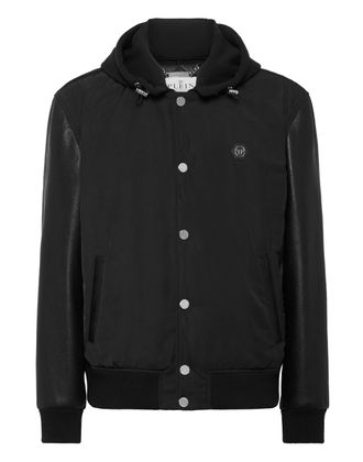 Philipp Plein Nylon & Leather Varsity Bomber Hooded Jacket