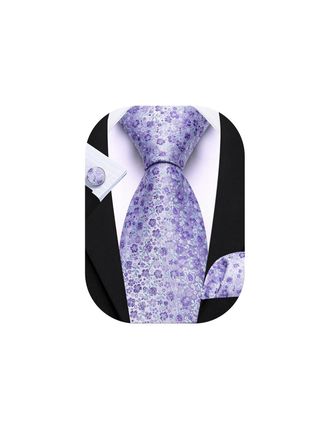 Barry.Wang Mens Tie Silk Floral Necktie Pocket Square Cufflinks Set Wedding Wedding Prom