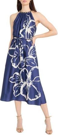 Maggy London Floral Halter Neck Belted Midi Dress in Navy/Ivory at Nordstrom Rack, Size 18