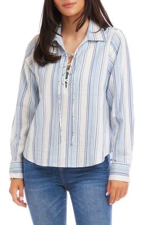 Karen Kane Stripe Linen Blend Lace-Up Popover Shirt at Nordstrom, Size X-Large P