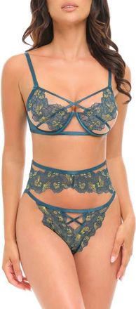 Oh l&agrave; l&agrave; Ch&eacute;ri Daphne Embroidered Strappy Underwire Bra, Garter Belt & Briefs Set in Cheri Blossom/Mediterranea at Nordstrom, Size X-Large