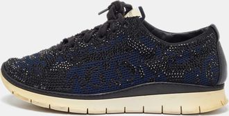 Le Silla Navy Blue/black Knit Fabric And Leather Crystal Embellished Low Top Sneakers