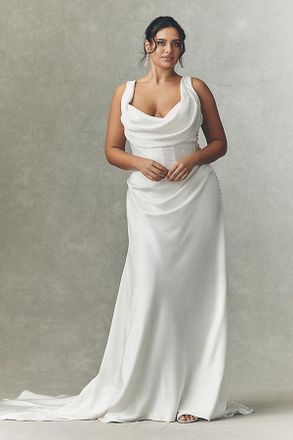 Watters Amaryliss Cowled Satin Column Wedding Gown