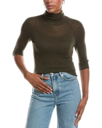 Autumn Cashmere Fitted Sheer Elbow Sleeve Turtleneck Cashmere Sweater
