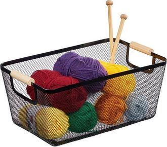 OEM Cesta De Almacenamiento Met&aacute;lica, Cesta Rectangular De Alambre, 2 Asas De Madera, Cesta De Ba&ntilde;o, Malla, Moderna, Negra