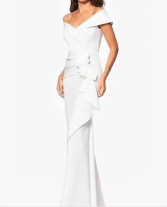 Xscape Ruffle Off The Shoulder Scuba Knit Dress In White