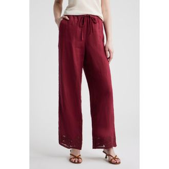 Rails Emmie Embroidered Linen Drawstring Pants in Berry Hibiscus Embroidery at Nordstrom, Size Xx-Small