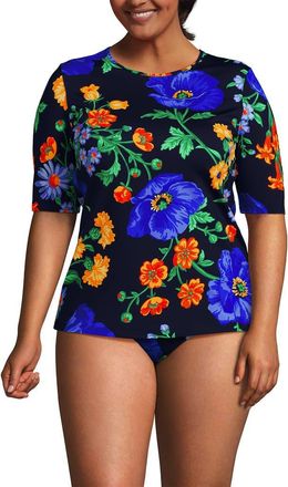 Lands End Elbow Sleeve Relaxed UPF 50 Rash Guard in Navy/exploded Poppy Floral at Nordstrom, Size 1X