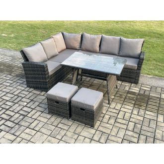 Fimous Fimous - Outdoor Furniture Garden Dining Set Rattan Corner Sofa Set with 2 Small Footstools Dark Grey Mixed
