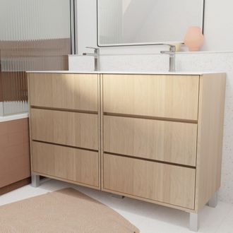Aurlane Aurlane - Pack Mueble De Ba&ntilde;o 120 Cm Roble Claro 6 Cajones Con Lavabo De Cer&aacute;mica