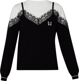Liu Jo Top met kanten rand - Dames - Ronde hals truien - Zwart - XS - Polyester - Truien & Vesten