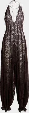Etro Plunging Halter Lace Balloon-Leg Jumpsuit