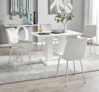Furniturebox Imperia 4 Seater Modern White High Gloss Rectangular Dining Table & 4 Persaro Velvet Chairs in Cream