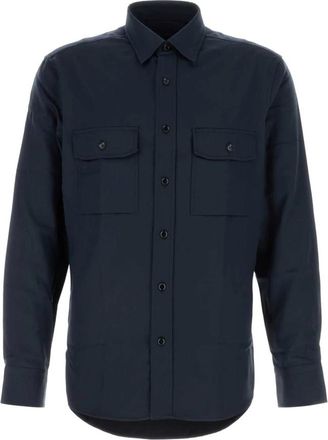 Brioni Military Shirt - Heren - Casual Overhemden - Blauw - M - Leer - Overhemden