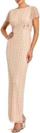 Mac Duggal Beaded Blouson Short Sleeve Column Gown in Rose at Nordstrom, Size 10