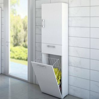Dmora Dmora - Armario Multiusos Escolzia, Mueble Lavadero Lineal Con 2 Puertas, Columna De Ba&ntilde;o Con Cesto De Ropa, 100% Made In Italy, Cm 45x32h195, Blanco,