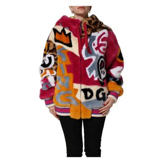 Dolce & Gabbana Faux Fur & Shearling Jackets, female, Multicolor, Size: XL Full Zip Hooded Jacket