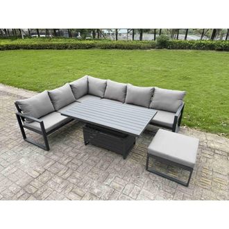 Fimous 7 Seater Aluminum Conversational Set with Lifting Table & Cushions in Dark Grey