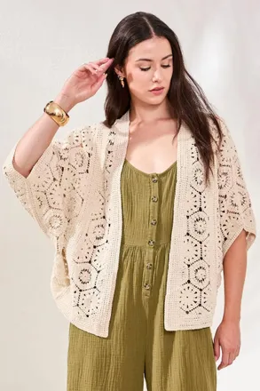 Tribal Embroidered Crochet 3/4 Sleeve Cardigan In Natural