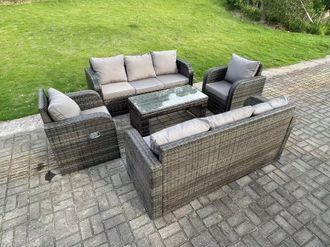 Fimous 8 Seater PE Rattan Garden Furniture Set Reclining Chair Lounge 3 Seater Sofa Set Outdoor Coffee Table in Dark Grey