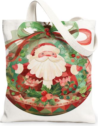 Generic Festive Canvas Tote Bags, Vintage Santa Claus Design Reusable Shopping Bags, Lightweight Washable Holiday Tote for Gifts, T, White, 13x15 Inch