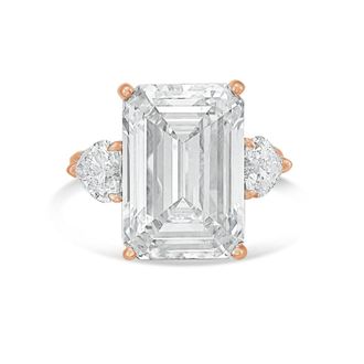 Diana M. Jewels 18kt Rose gold Lab grown 8ct Emerald diamond ring with heart diamonds on the side and micropave band