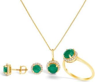 House of Brilliance 10K Gold Gemstone and 3/8 Cttw Diamond Halo Jewelry Set in Yellow | Green Emerald at Nordstrom