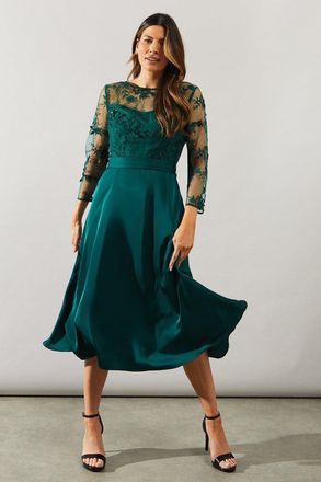 Wallis Womens Satin And Mesh Overlay Fit And Flare Dress - Emerald - Size 14 UK