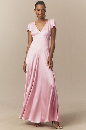 BHLDN Sammie Short-Sleeve Bow-Back Satin Maxi Dress