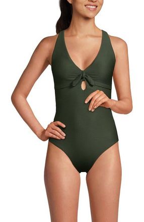 Lands End Ribbed Knot Front One Piece Swimsuit in Rich Olive Green Ottoman at Nordstrom, Size 10