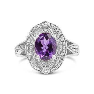 House of Brilliance Silver 9x7mm Oval Purple Amethyst and Diamond Accent Cocktail Ring in White at Nordstrom, Size 6