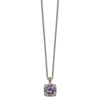 Diamond2Deal Sterling Silver with 14K Accent Cushion Amethyst Pendant Necklace