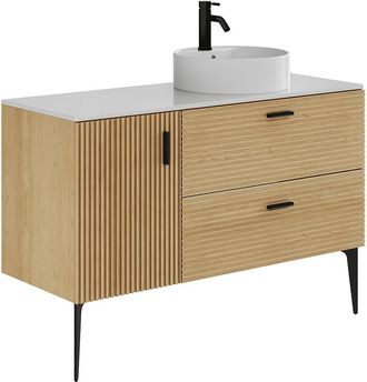 Vente-Unique Mueble de baño estriado con patas y lavabo sobre encimera redondo - 1 puerta y 2 cajones - Natural claro - 120 cm - SARONE