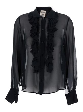 Semicouture Black Blouse With Classic Collar And Ruched Detail On The Front In Silk Blend Woman