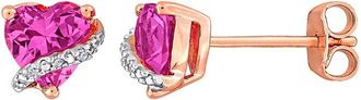Rina Limor Rose Gold Over Silver 1.98 Ct. Tw. Diamond & Lab-Grown Created Pink Sapphire Heart Stud Earrings