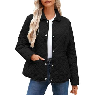 Generic Womens Quilted Jackets Uk - Diamond Lightweight Padded Coat, Long Sleeve Casual Loose Puffer Jacket, Pockets, Oversized Lapel Collar Button Down Pullo