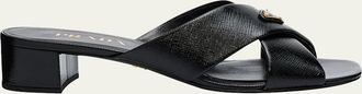 Prada 35mm Triangle Logo Metallic Leather Mule Sandals
