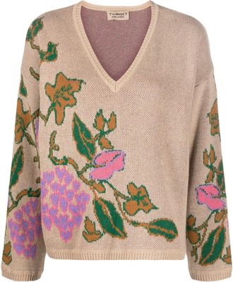 Twin-Set floral intarsia-knit jumper - women - Viscose/Polyamide/Wool/Cashmere - M - Neutrals