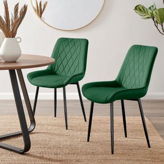 Furniturebox Set of 2 Pesaro Luxury Velvet Dining Chairs With Diamond Stitched Back & Black Metal Legs in Green