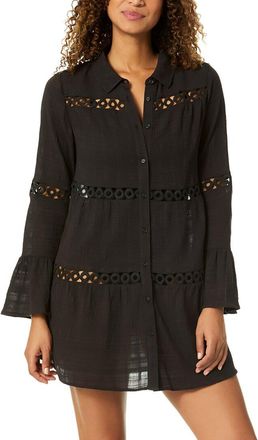 Anne Cole Button Up Bell Sleeve Crochet Trim Cover-Up